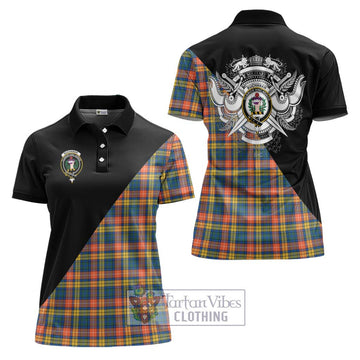 Buchanan Ancient Tartan Women's Polo Shirt with Family Crest and Military Logo Style