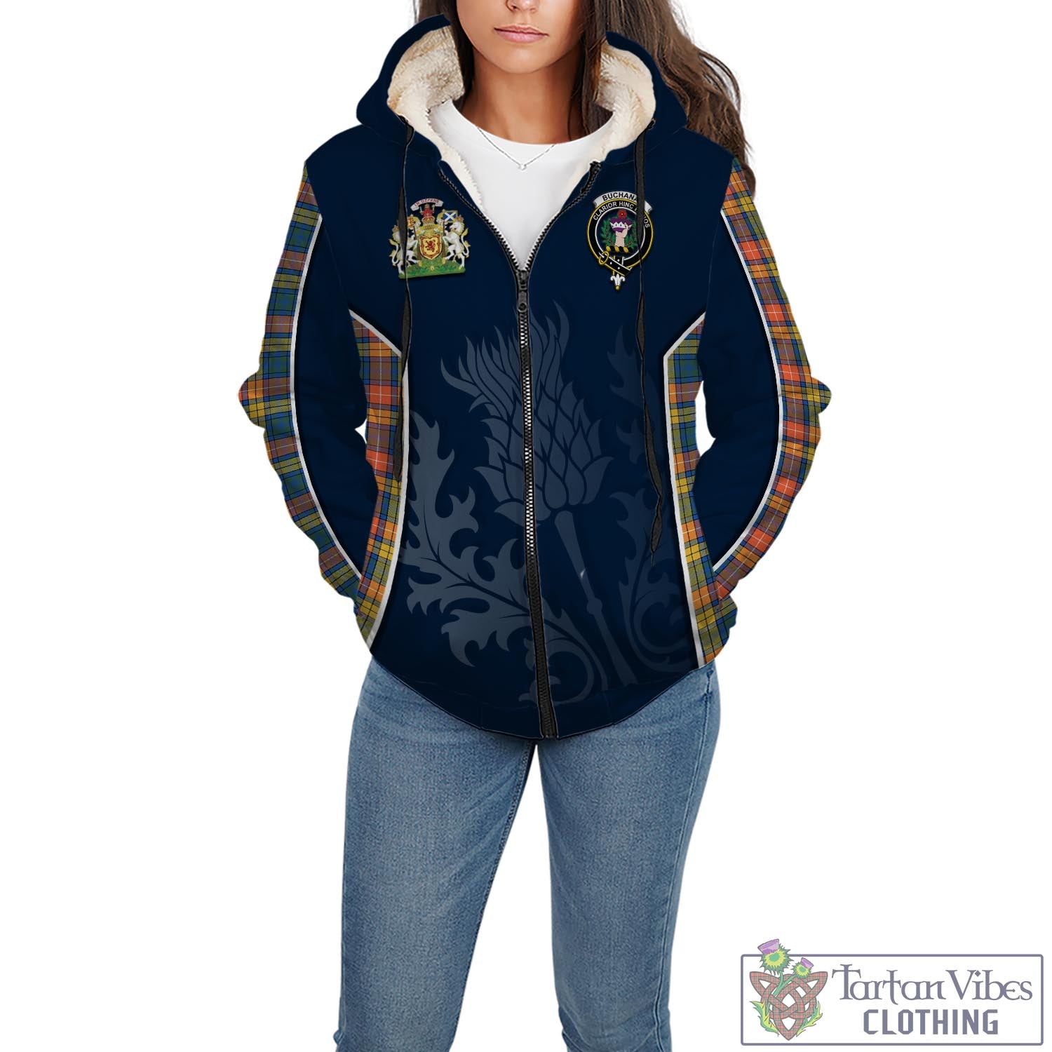 Tartan Vibes Clothing Buchanan Ancient Tartan Sherpa Hoodie with Family Crest and Scottish Thistle Vibes Sport Style