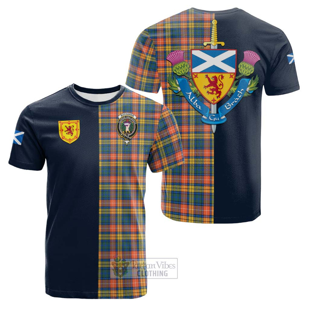 Tartan Vibes Clothing Buchanan Ancient Tartan Cotton T-shirt with Scottish Lion Royal Arm Half Style