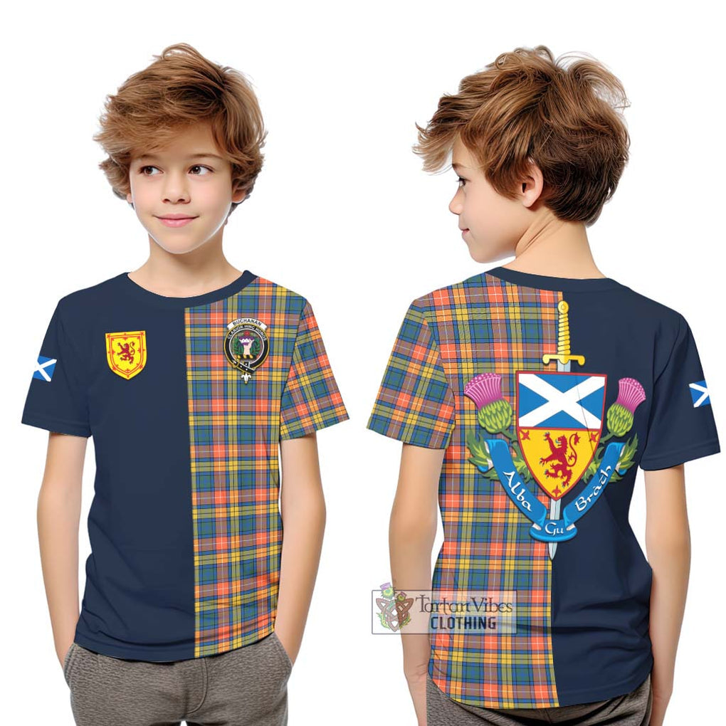 Tartan Vibes Clothing Buchanan Ancient Tartan Kid T-Shirt with Scottish Lion Royal Arm Half Style