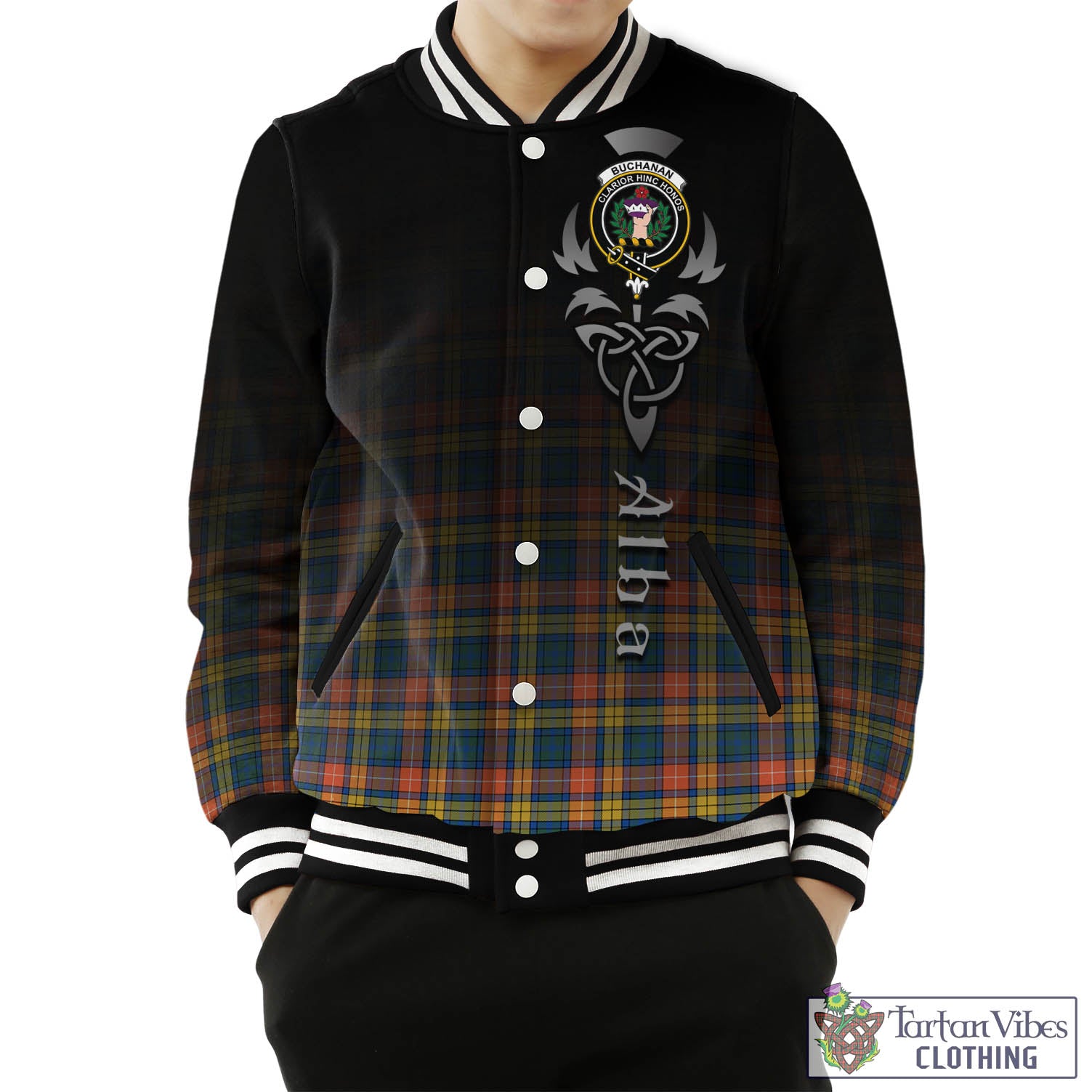 Tartan Vibes Clothing Buchanan Ancient Tartan Baseball Jacket Featuring Alba Gu Brath Family Crest Celtic Inspired