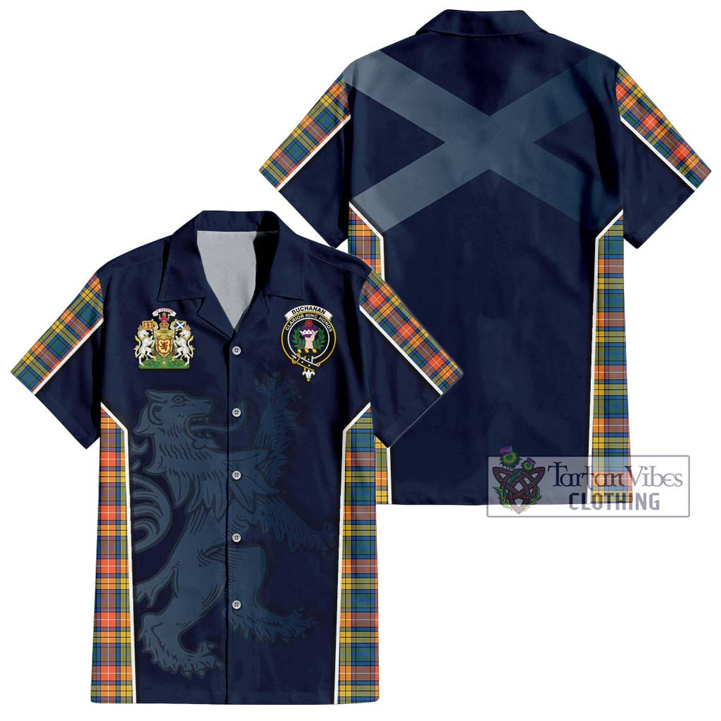 Buchanan Ancient Tartan Short Sleeve Button Shirt with Family Crest and Lion Rampant Vibes Sport Style Kid - Tartan Vibes Clothing