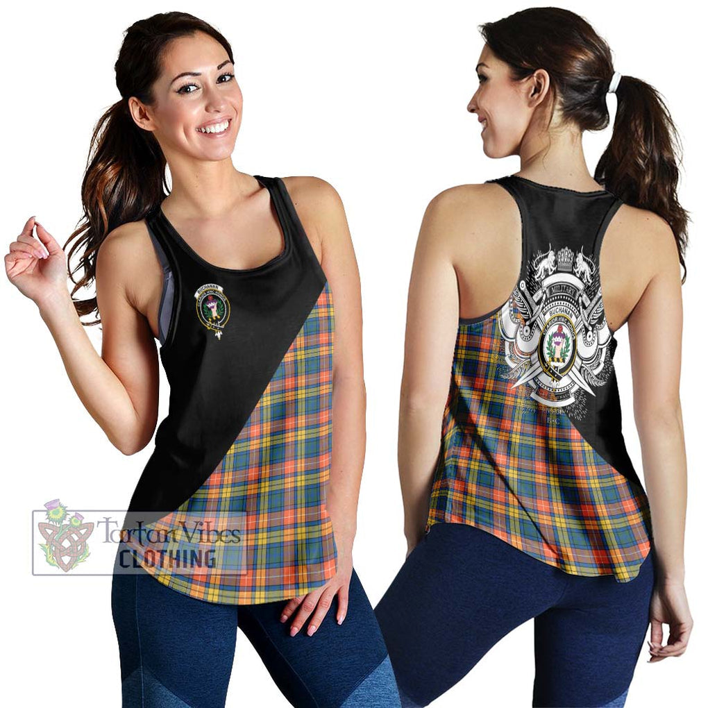 Buchanan Ancient Tartan Women's Racerback Tanks with Family Crest and Military Logo Style 4XL - Tartanvibesclothing Shop