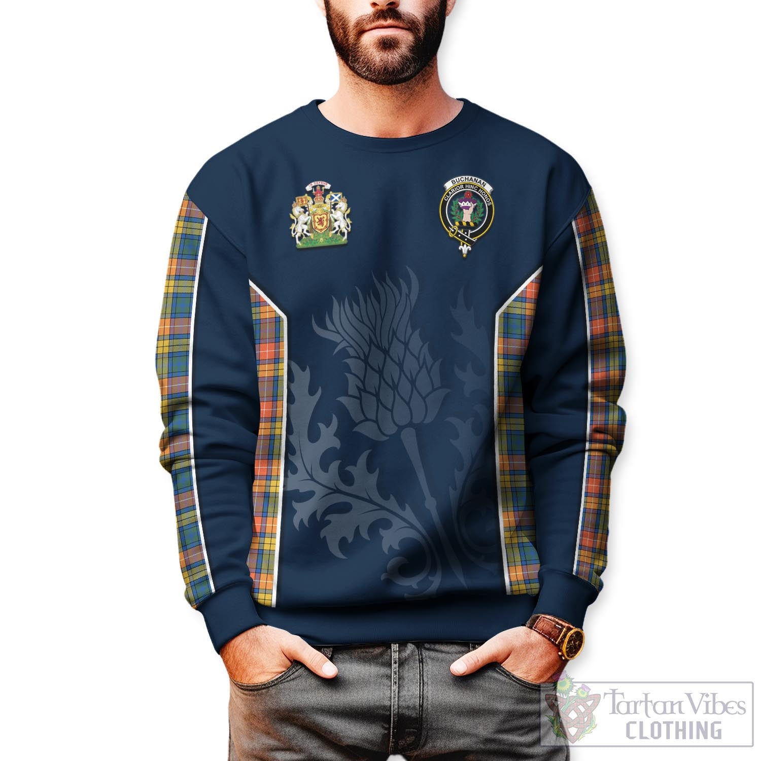 Tartan Vibes Clothing Buchanan Ancient Tartan Sweatshirt with Family Crest and Scottish Thistle Vibes Sport Style