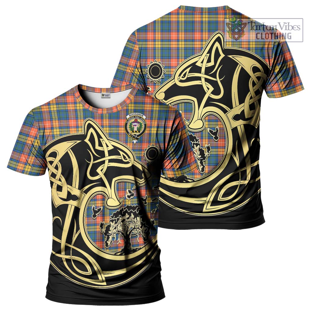 Tartan Vibes Clothing Buchanan Ancient Tartan T-Shirt with Family Crest Celtic Wolf Style