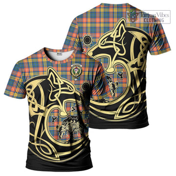 Buchanan Ancient Tartan T-Shirt with Family Crest Celtic Wolf Style