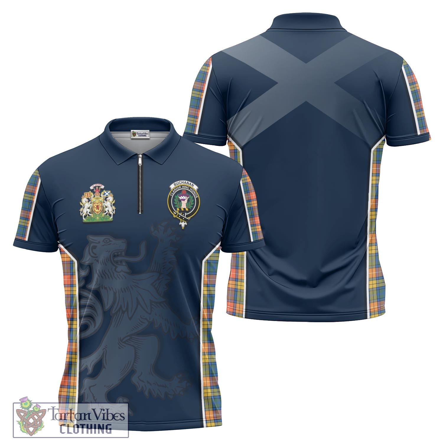 Tartan Vibes Clothing Buchanan Ancient Tartan Zipper Polo Shirt with Family Crest and Lion Rampant Vibes Sport Style