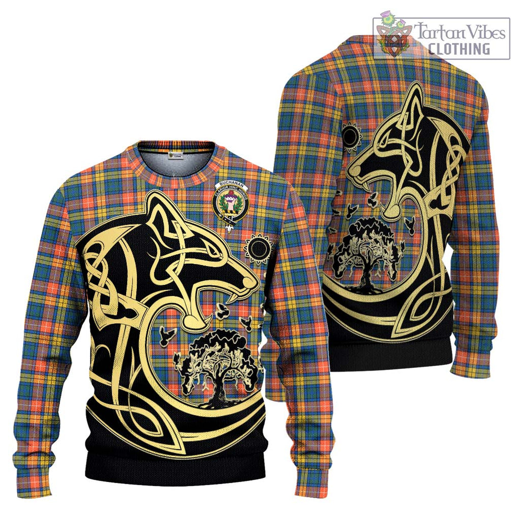 Buchanan Ancient Tartan Knitted Sweater with Family Crest Celtic Wolf Style Unisex - Tartan Vibes Clothing