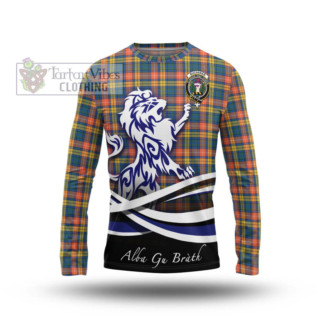 Buchanan Ancient Tartan Long Sleeve T-Shirt with Alba Gu Brath Regal Lion Emblem Unisex - Tartanvibesclothing Shop