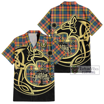 Buchanan Ancient Tartan Short Sleeve Button Shirt with Family Crest Celtic Wolf Style