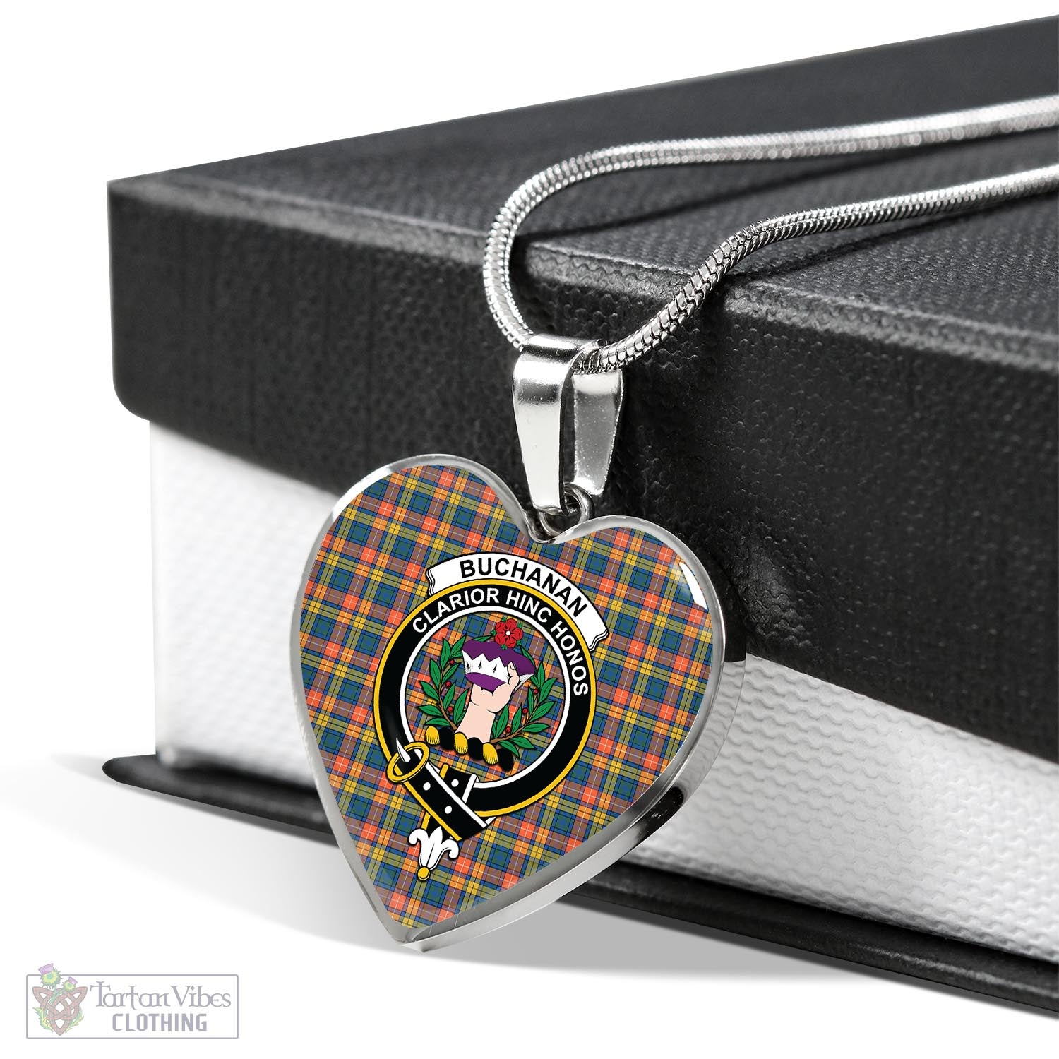 Tartan Vibes Clothing Buchanan Ancient Tartan Heart Necklace with Family Crest