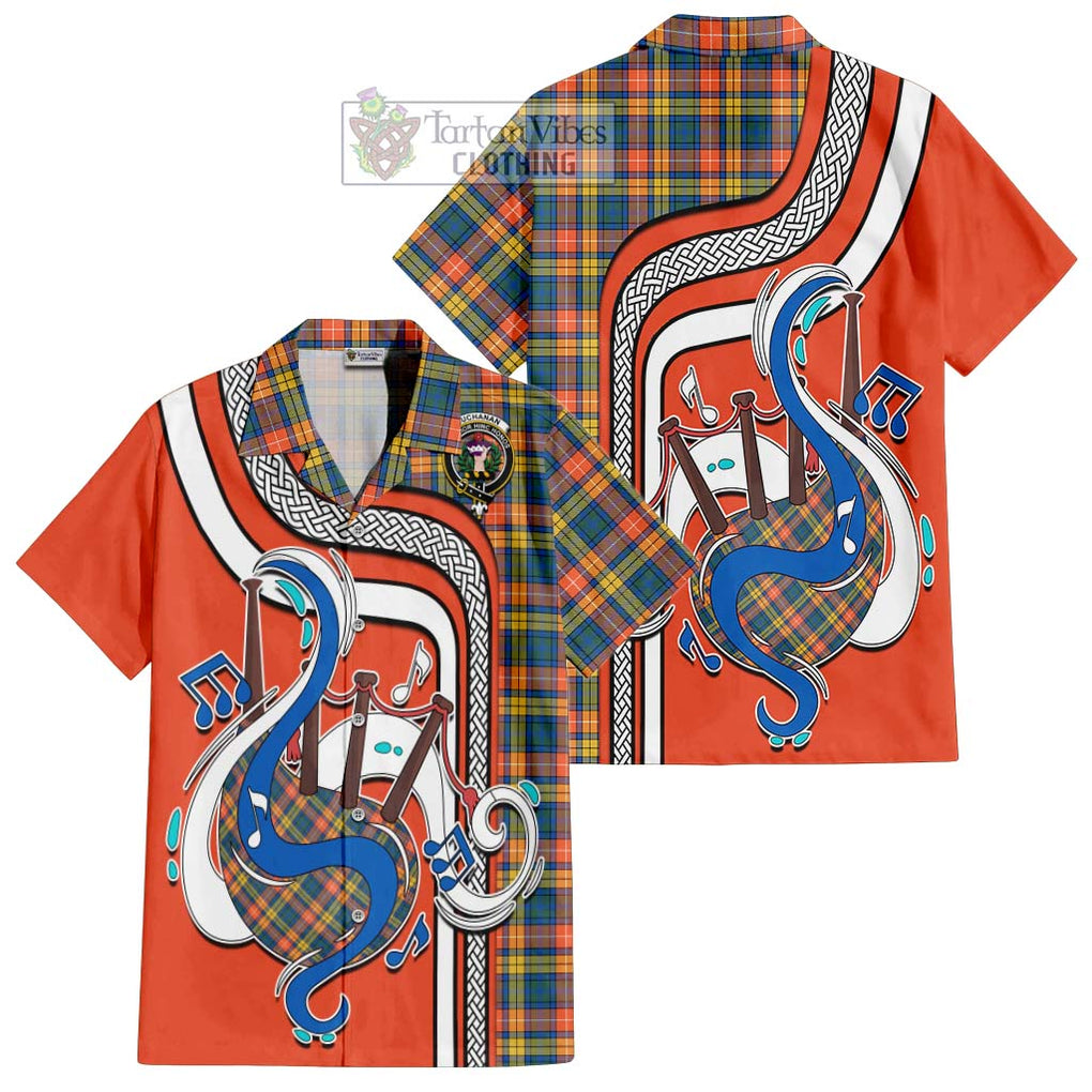 Buchanan Ancient Tartan Short Sleeve Button Shirt with Epic Bagpipe Style Kid - Tartanvibesclothing Shop