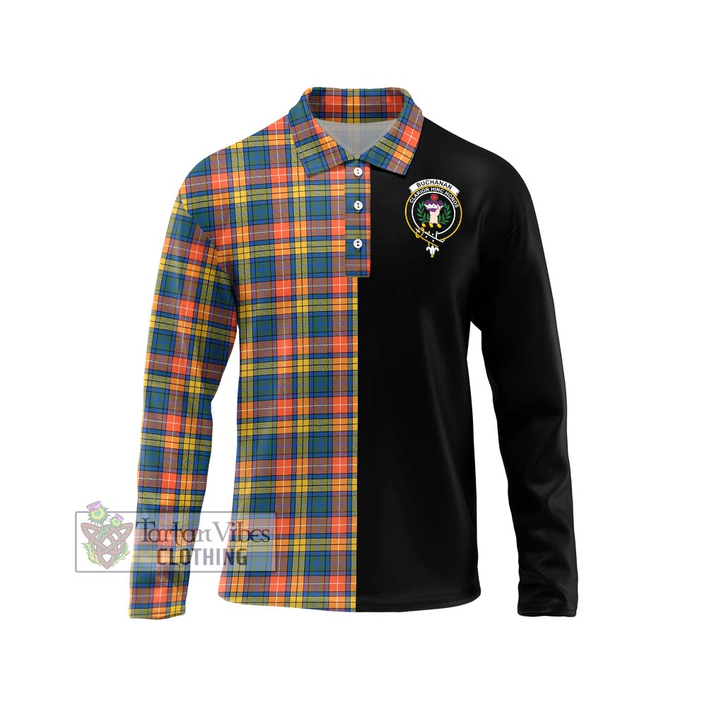 Buchanan Ancient Tartan Long Sleeve Polo Shirt with Family Crest and Half Of Me Style Unisex - Tartanvibesclothing Shop