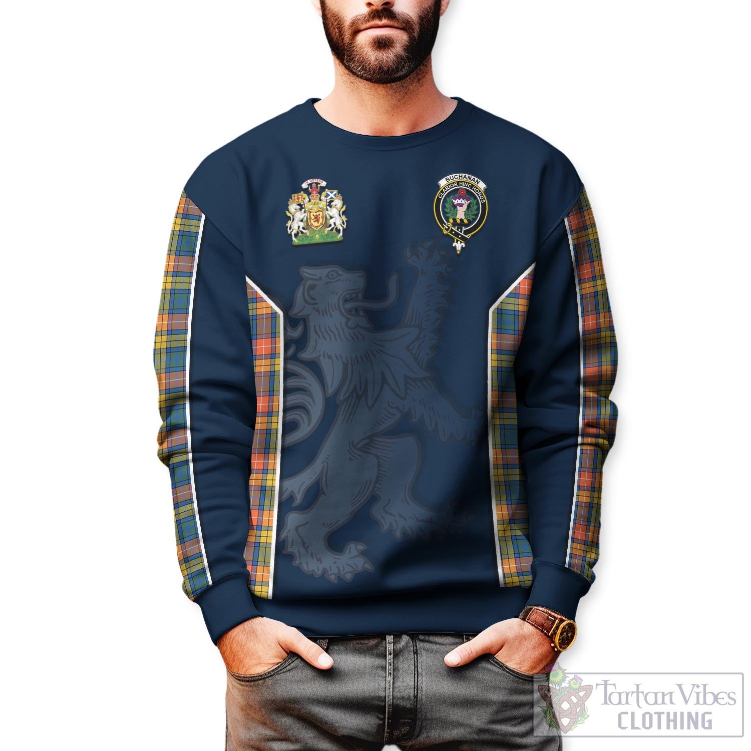 Tartan Vibes Clothing Buchanan Ancient Tartan Sweater with Family Crest and Lion Rampant Vibes Sport Style