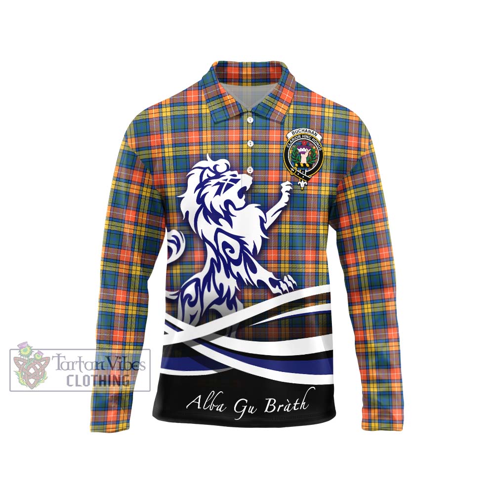 Buchanan Ancient Tartan Long Sleeve Polo Shirt with Alba Gu Brath Regal Lion Emblem Unisex - Tartanvibesclothing Shop