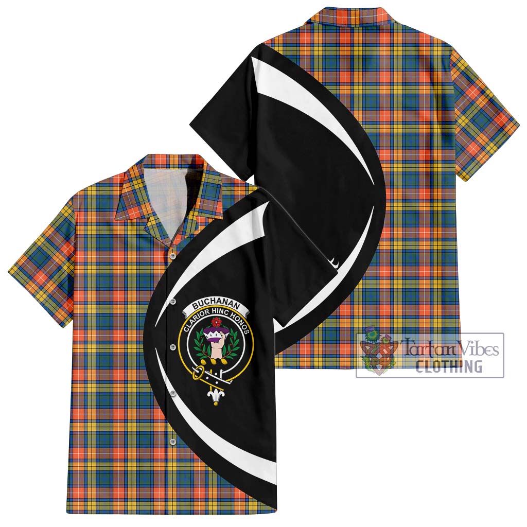 Buchanan Ancient Tartan Short Sleeve Button Up with Family Crest Circle Style Kid - Tartan Vibes Clothing