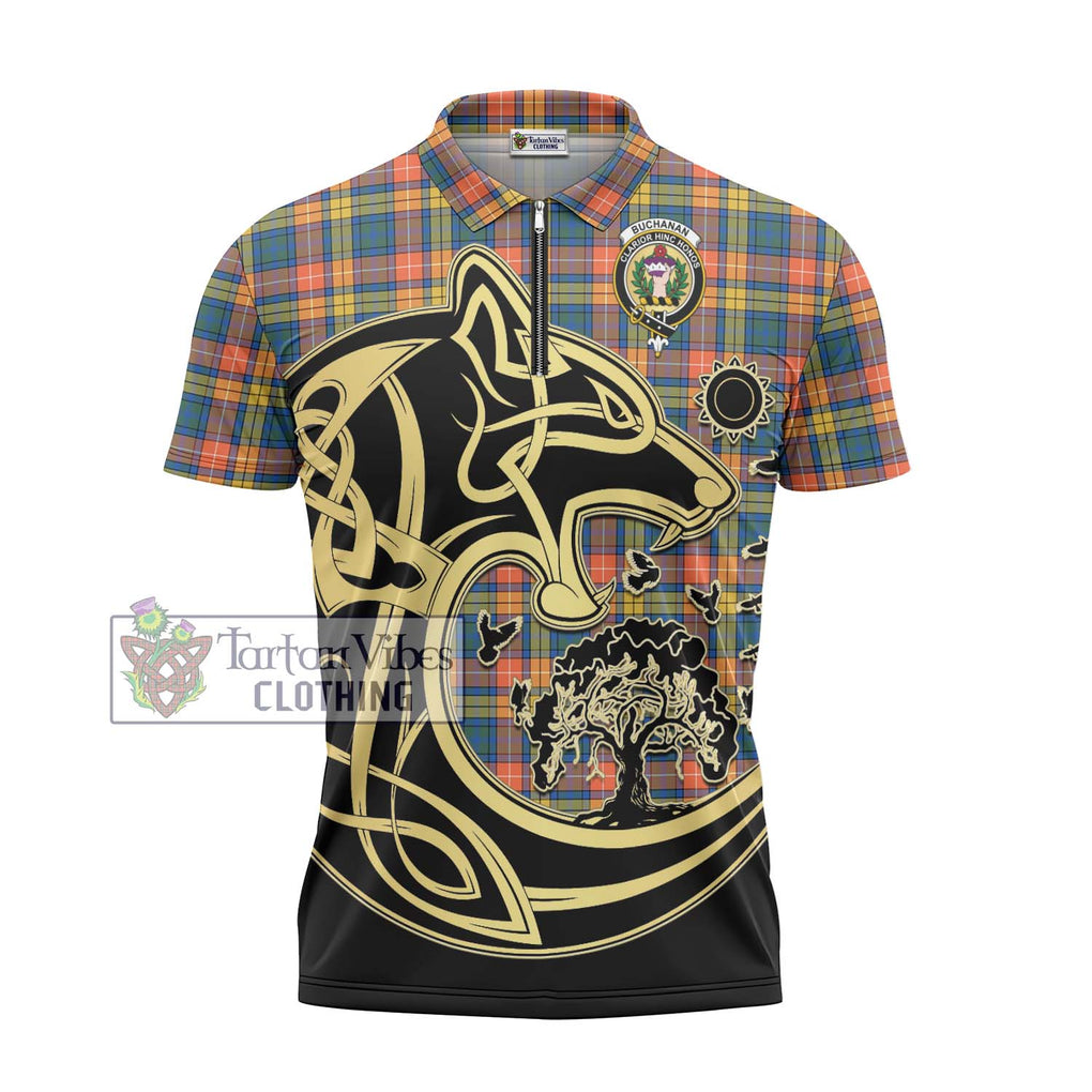 Buchanan Ancient Tartan Zipper Polo Shirt with Family Crest Celtic Wolf Style - Tartanvibesclothing Shop