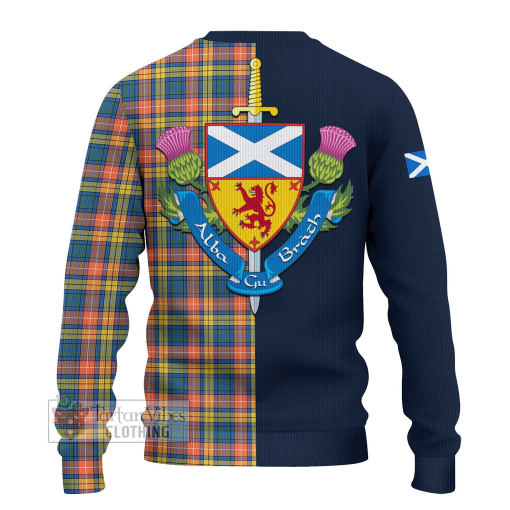 Tartan Vibes Clothing Buchanan Ancient Tartan Knitted Sweater with Scottish Lion Royal Arm Half Style