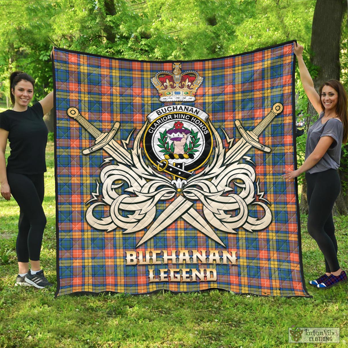 Tartan Vibes Clothing Buchanan Ancient Tartan Quilt with Clan Crest and the Golden Sword of Courageous Legacy