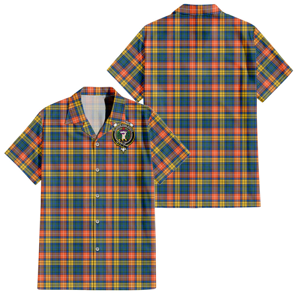 Buchanan Ancient Tartan Short Sleeve Button Down Shirt with Family Crest - Tartanvibesclothing