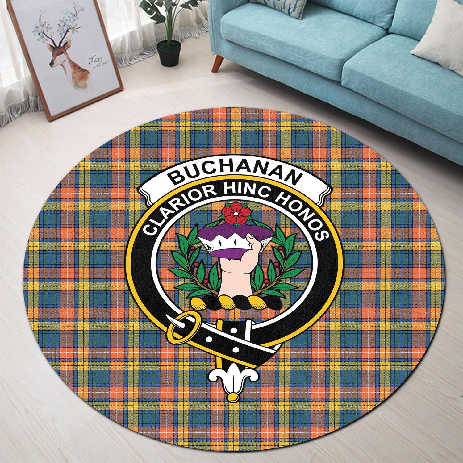 Buchanan Ancient Tartan Round Rug with Family Crest - Tartanvibesclothing