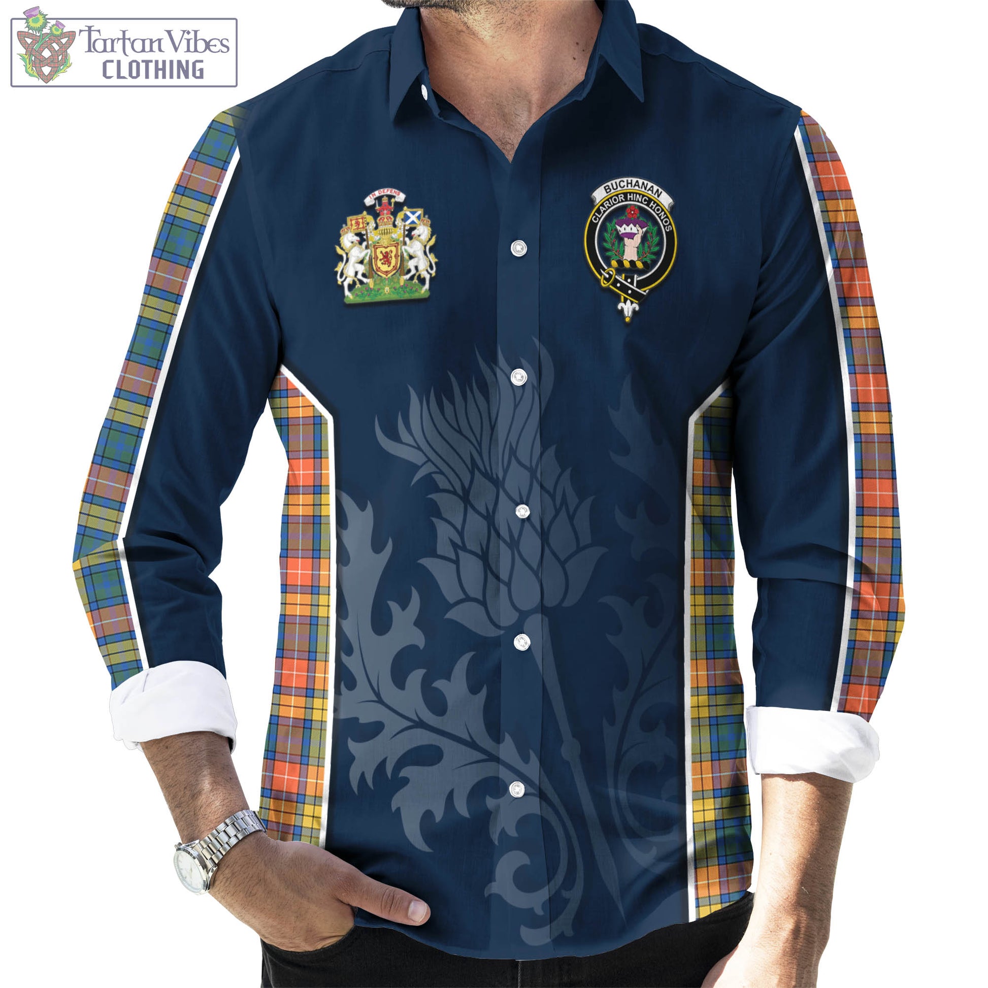 Tartan Vibes Clothing Buchanan Ancient Tartan Long Sleeve Button Up Shirt with Family Crest and Scottish Thistle Vibes Sport Style