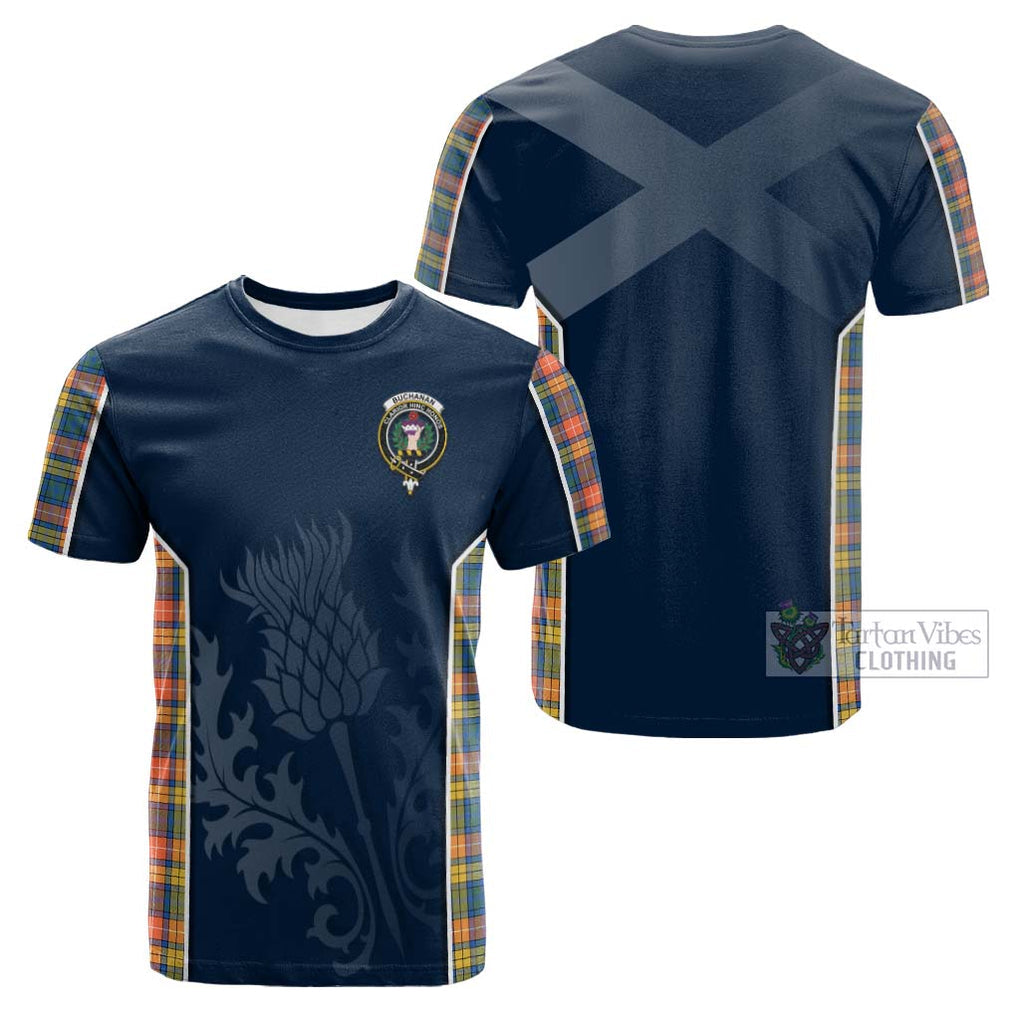 Tartan Vibes Clothing Buchanan Ancient Tartan Cotton T-shirt with Family Crest and Scottish Thistle Vibes Sport Style