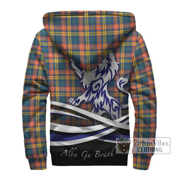 Buchanan Ancient Tartan Sherpa Hoodie with Alba Gu Brath Regal Lion Emblem