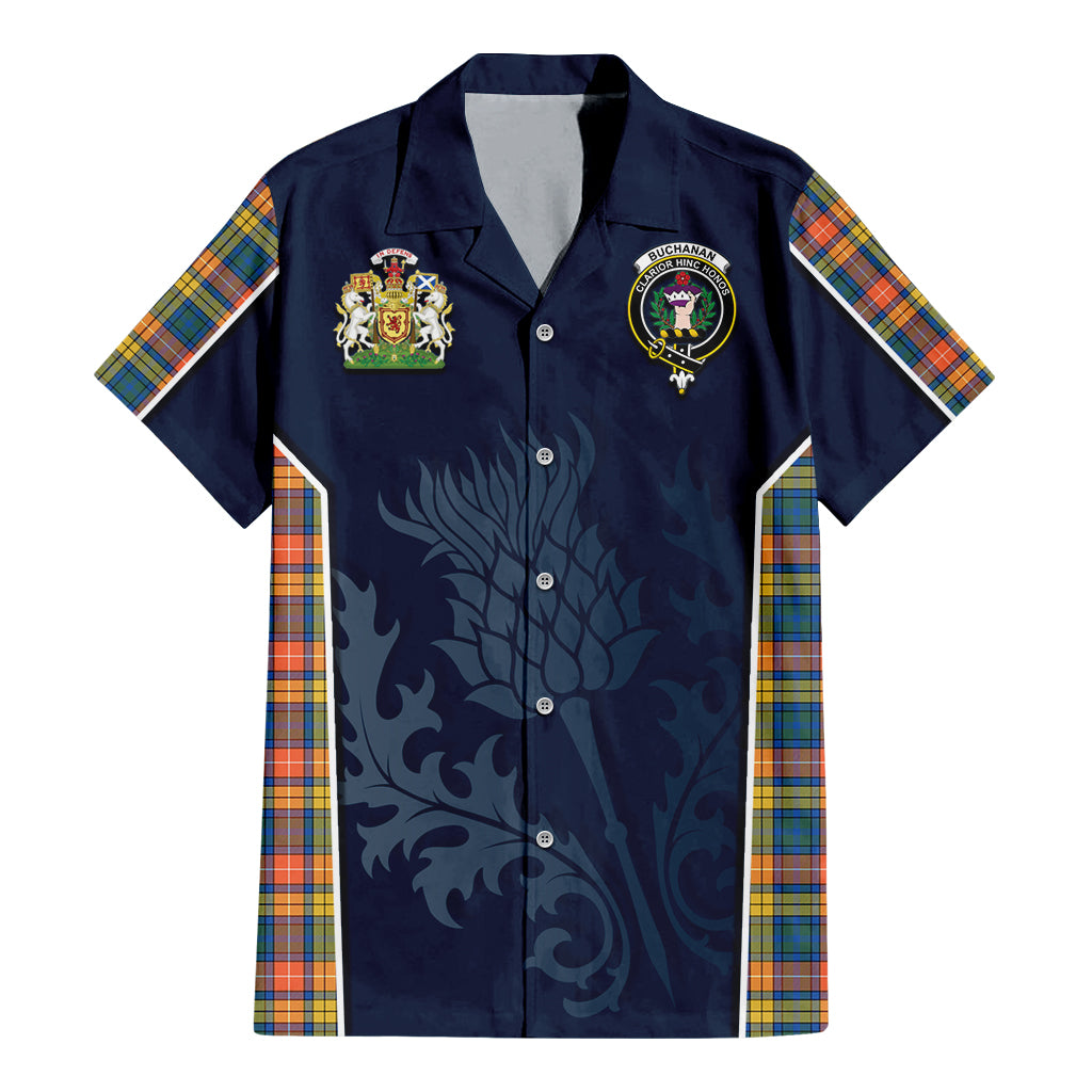 Tartan Vibes Clothing Buchanan Ancient Tartan Short Sleeve Button Up Shirt with Family Crest and Scottish Thistle Vibes Sport Style