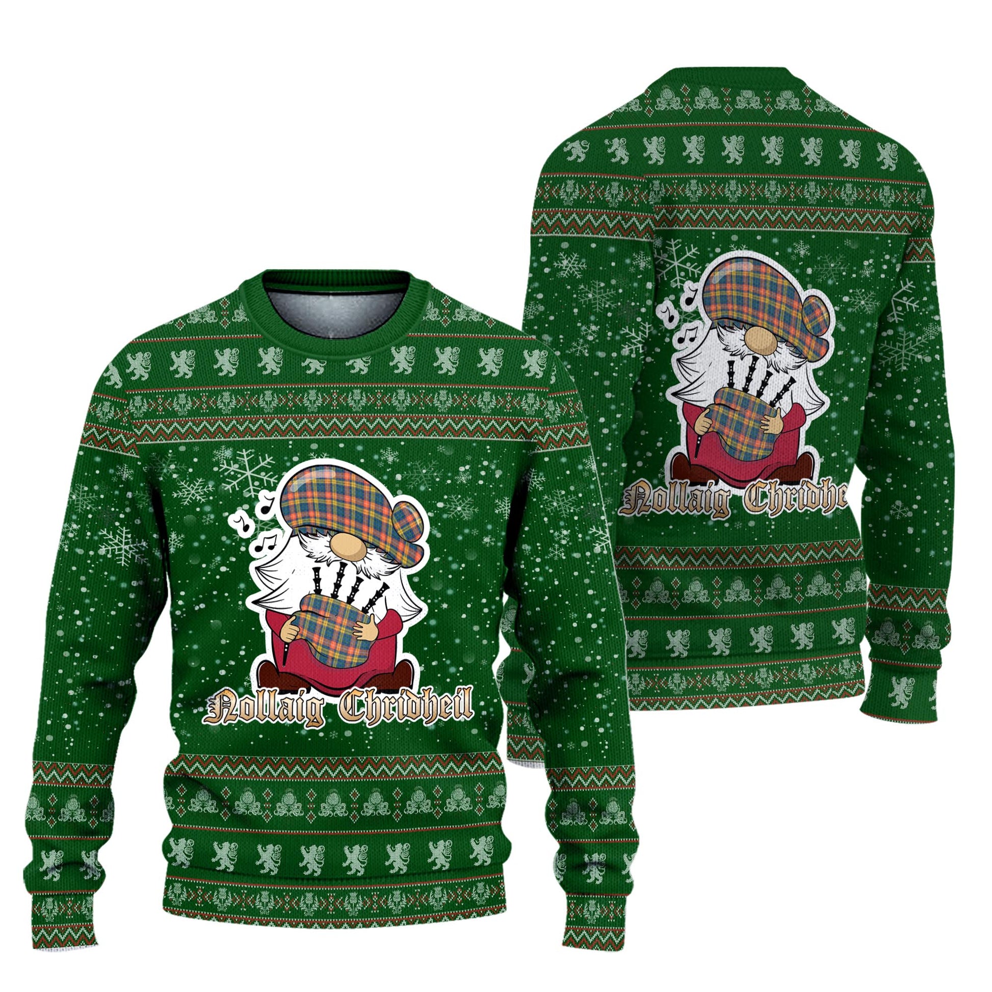 Buchanan Ancient Clan Christmas Family Knitted Sweater with Funny Gnome Playing Bagpipes Unisex Green - Tartanvibesclothing