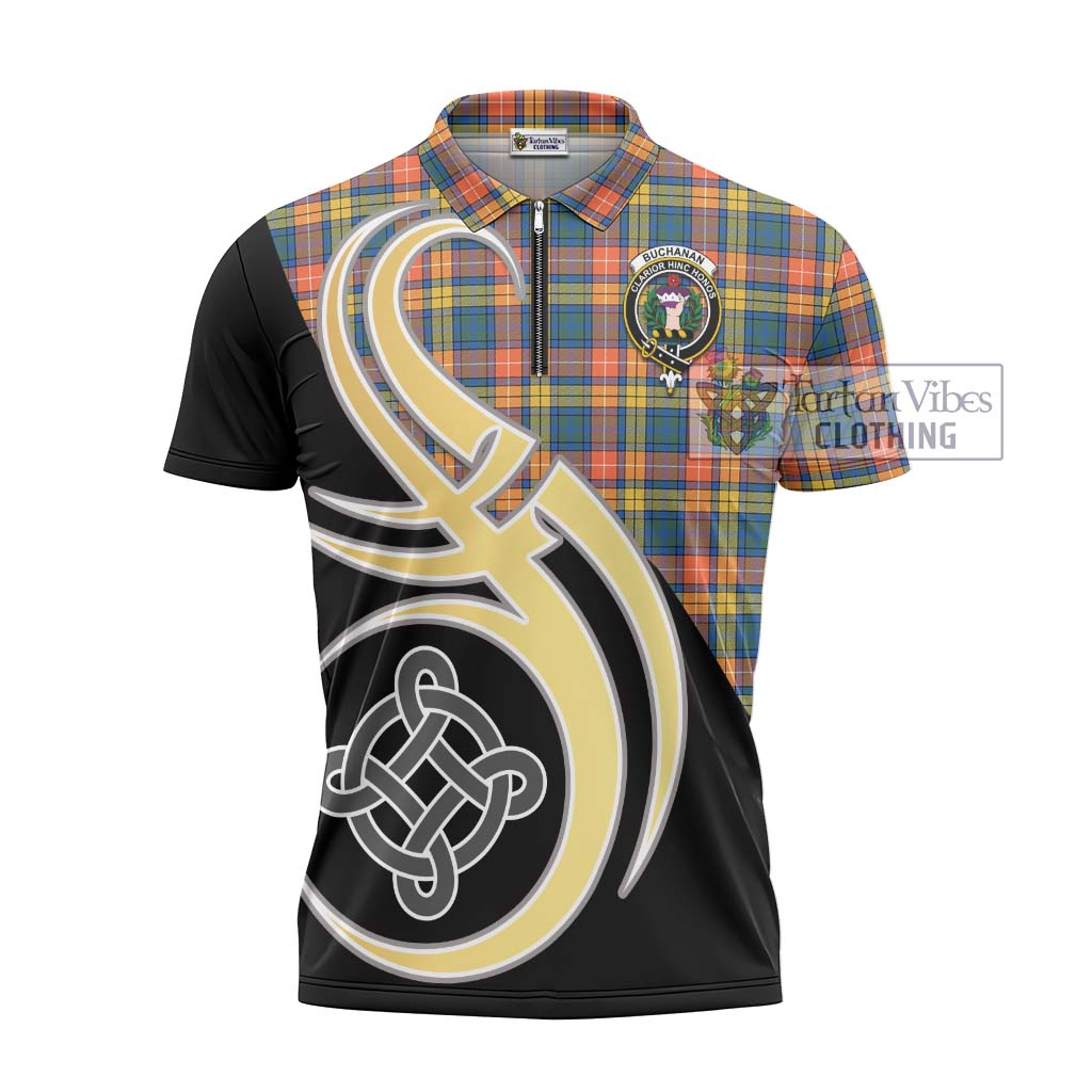 Tartan Vibes Clothing Buchanan Ancient Tartan Zipper Polo Shirt with Family Crest and Celtic Symbol Style