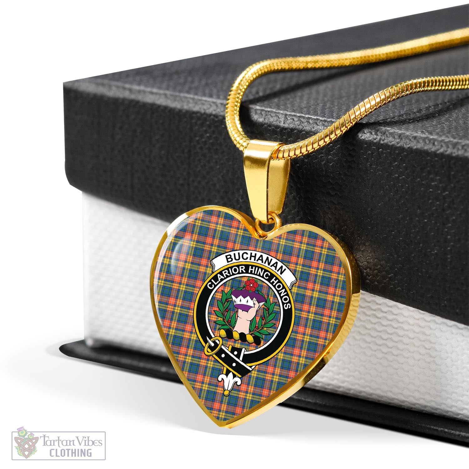 Tartan Vibes Clothing Buchanan Ancient Tartan Heart Necklace with Family Crest