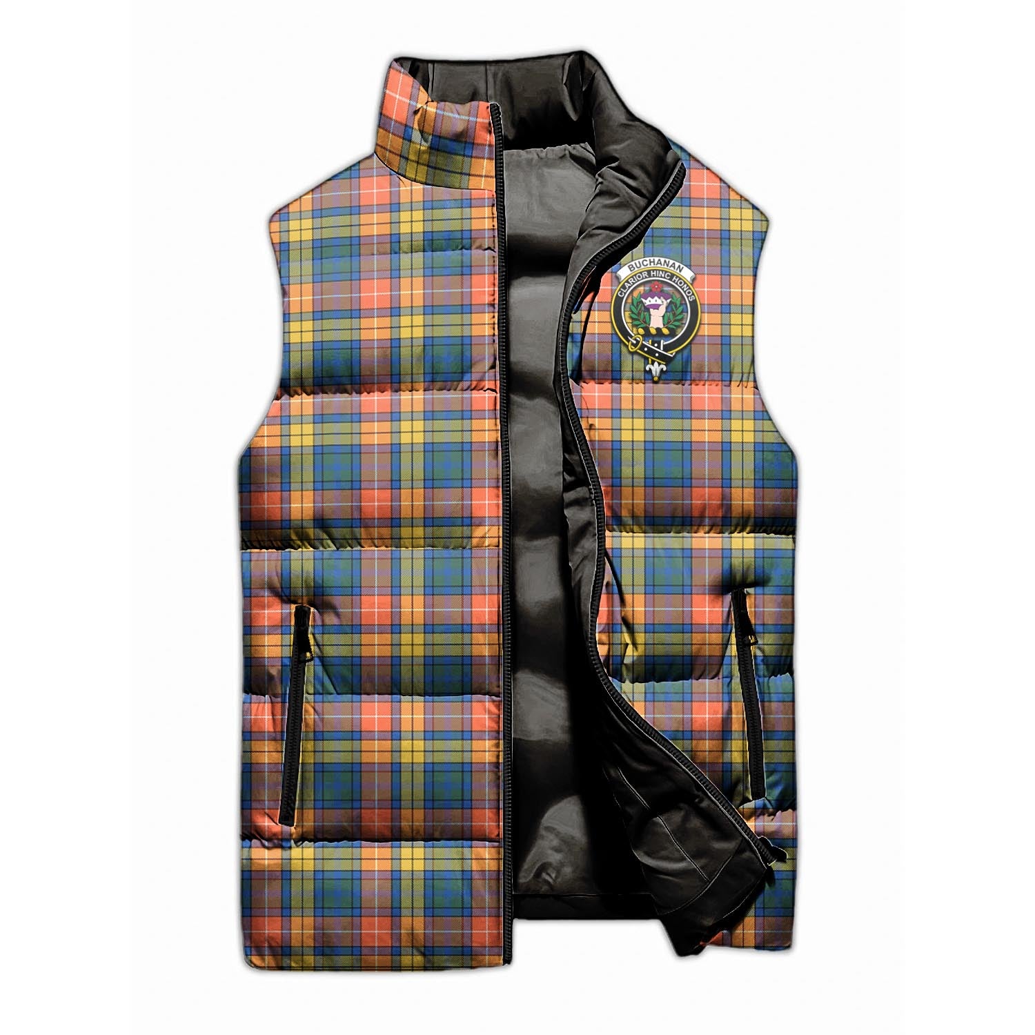 Buchanan Ancient Tartan Sleeveless Puffer Jacket with Family Crest - Tartanvibesclothing