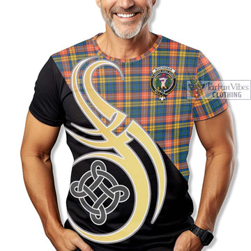 Buchanan Ancient Tartan T-Shirt with Family Crest and Celtic Symbol Style