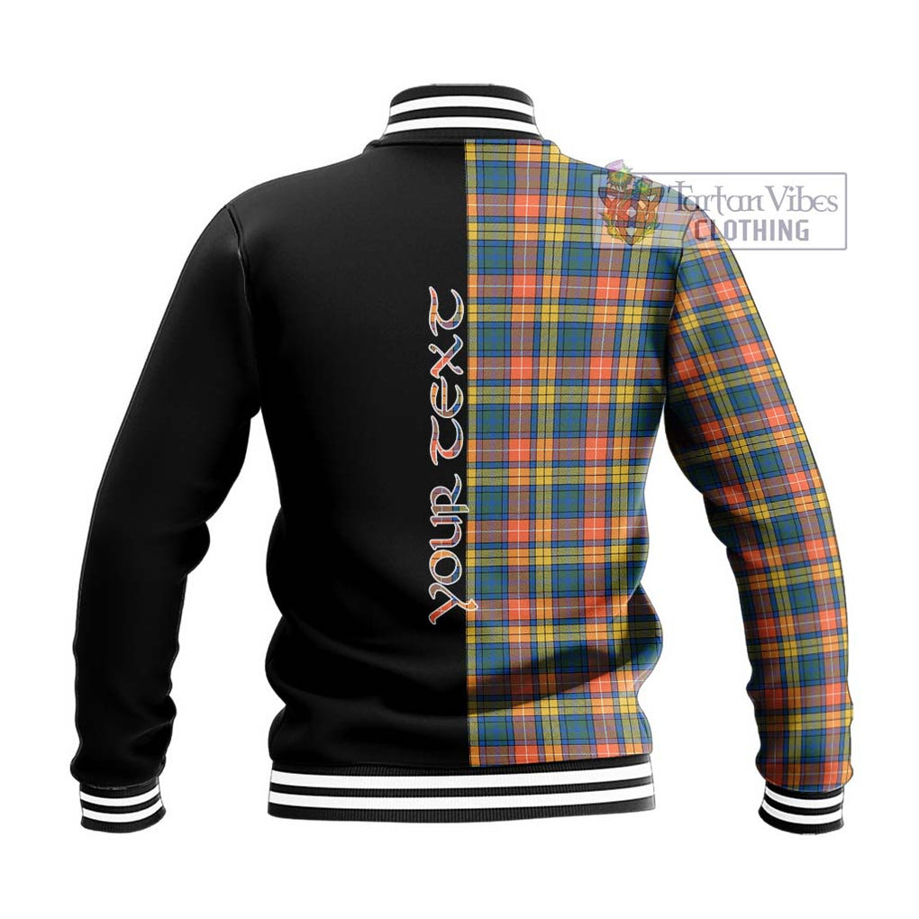 Buchanan Ancient Tartan Baseball Jacket with Family Crest and Half Of Me Style - Tartanvibesclothing Shop