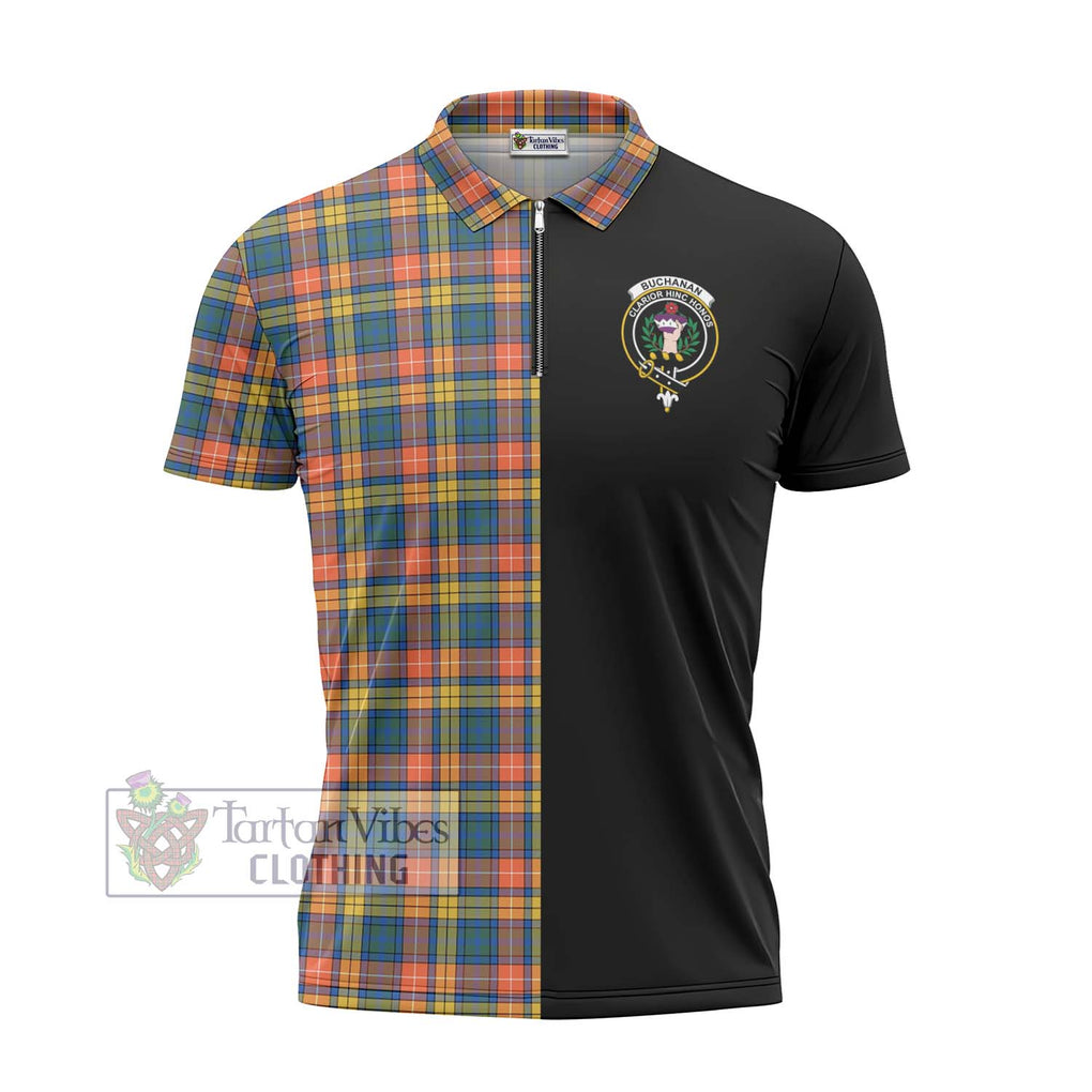 Buchanan Ancient Tartan Zipper Polo Shirt with Family Crest and Half Of Me Style - Tartanvibesclothing Shop