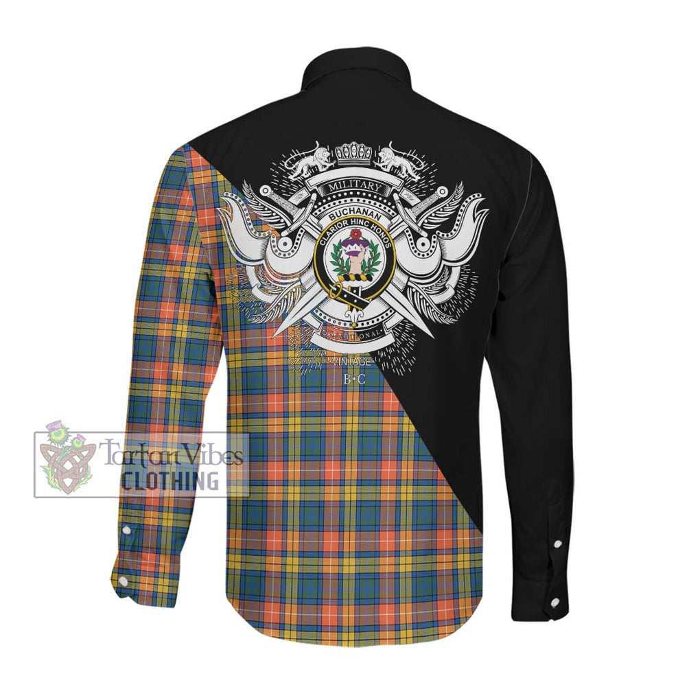 Buchanan Ancient Tartan Long Sleeve Button Shirt with Family Crest and Military Logo Style Men's Shirt - Tartanvibesclothing Shop