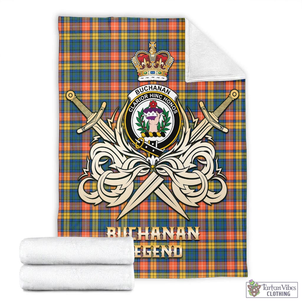 Tartan Vibes Clothing Buchanan Ancient Tartan Blanket with Clan Crest and the Golden Sword of Courageous Legacy