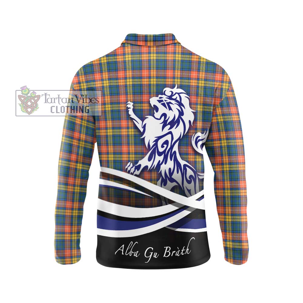 Buchanan Ancient Tartan Long Sleeve Polo Shirt with Alba Gu Brath Regal Lion Emblem - Tartanvibesclothing Shop