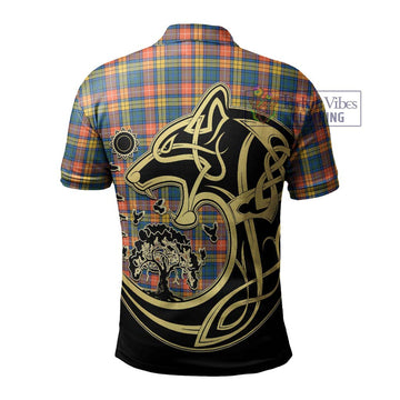 Buchanan Ancient Tartan Polo Shirt with Family Crest Celtic Wolf Style