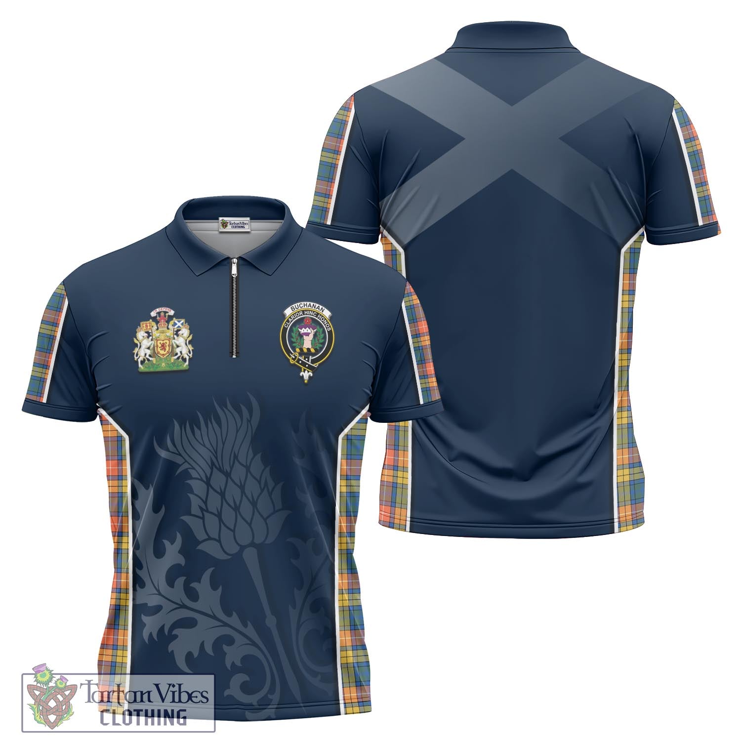 Tartan Vibes Clothing Buchanan Ancient Tartan Zipper Polo Shirt with Family Crest and Scottish Thistle Vibes Sport Style