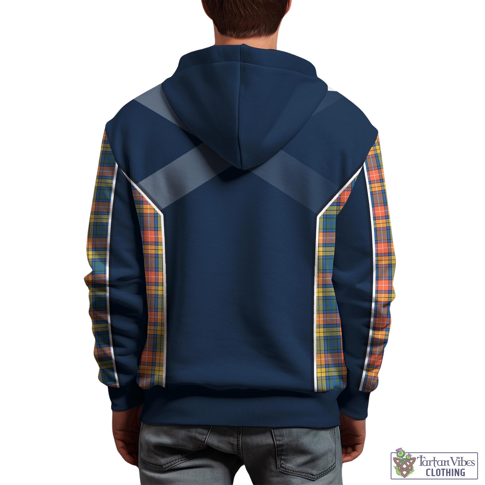 Tartan Vibes Clothing Buchanan Ancient Tartan Hoodie with Family Crest and Scottish Thistle Vibes Sport Style