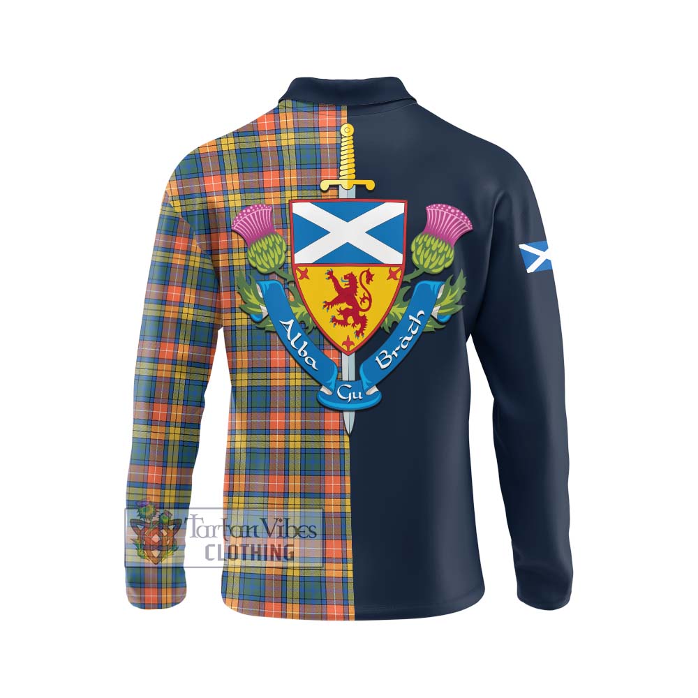 Tartan Vibes Clothing Buchanan Ancient Tartan Long Sleeve Polo Shirt with Scottish Lion Royal Arm Half Style