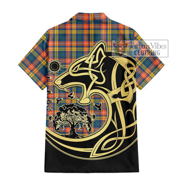 Buchanan Ancient Tartan Short Sleeve Button Shirt with Family Crest Celtic Wolf Style