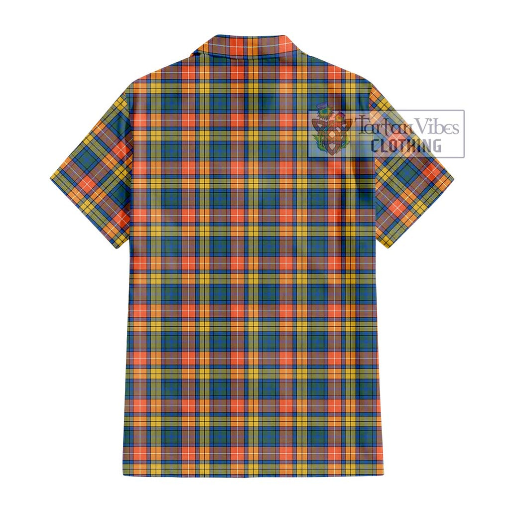 Buchanan Ancient Tartan Short Sleeve Button Shirt with Family Crest DNA In Me Style - Tartanvibesclothing Shop