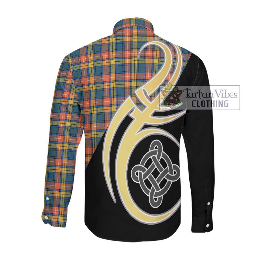 Buchanan Ancient Tartan Long Sleeve Button Shirt with Family Crest and Celtic Symbol Style Men's Shirt - Tartan Vibes Clothing