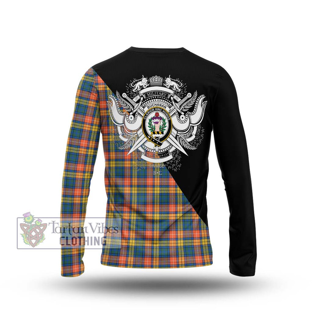 Buchanan Ancient Tartan Long Sleeve T-Shirt with Family Crest and Military Logo Style - Tartanvibesclothing Shop