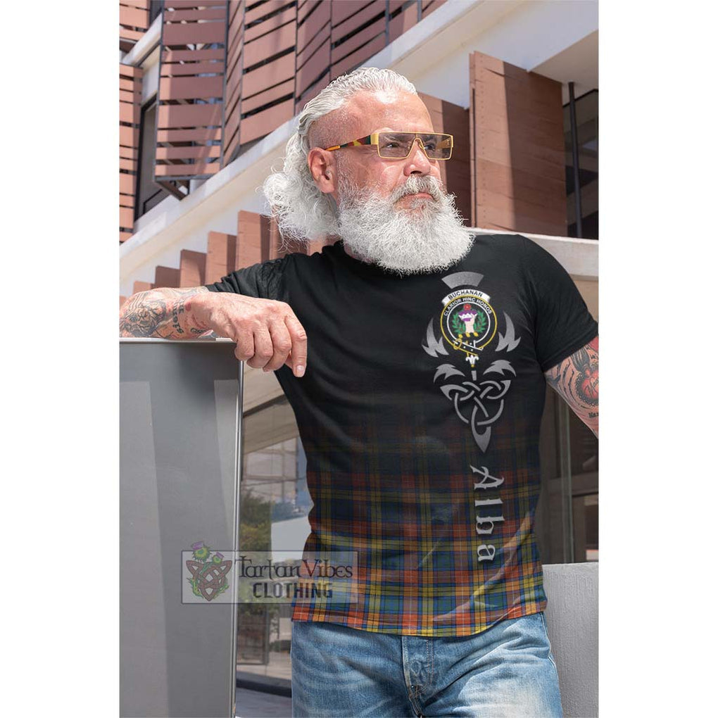 Tartan Vibes Clothing Buchanan Ancient Tartan Cotton T-shirt Featuring Alba Gu Brath Family Crest Celtic Inspired