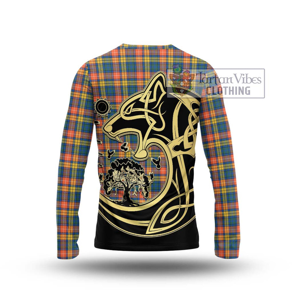 Buchanan Ancient Tartan Long Sleeve T-Shirt with Family Crest Celtic Wolf Style - Tartan Vibes Clothing