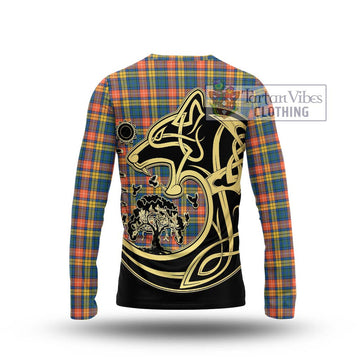 Buchanan Ancient Tartan Long Sleeve T-Shirt with Family Crest Celtic Wolf Style